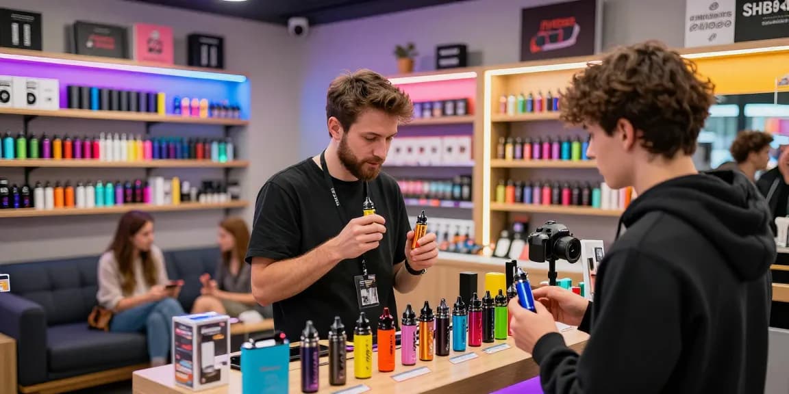 Customer exploring different 電子煙油 options with staff in a modern vape shop.