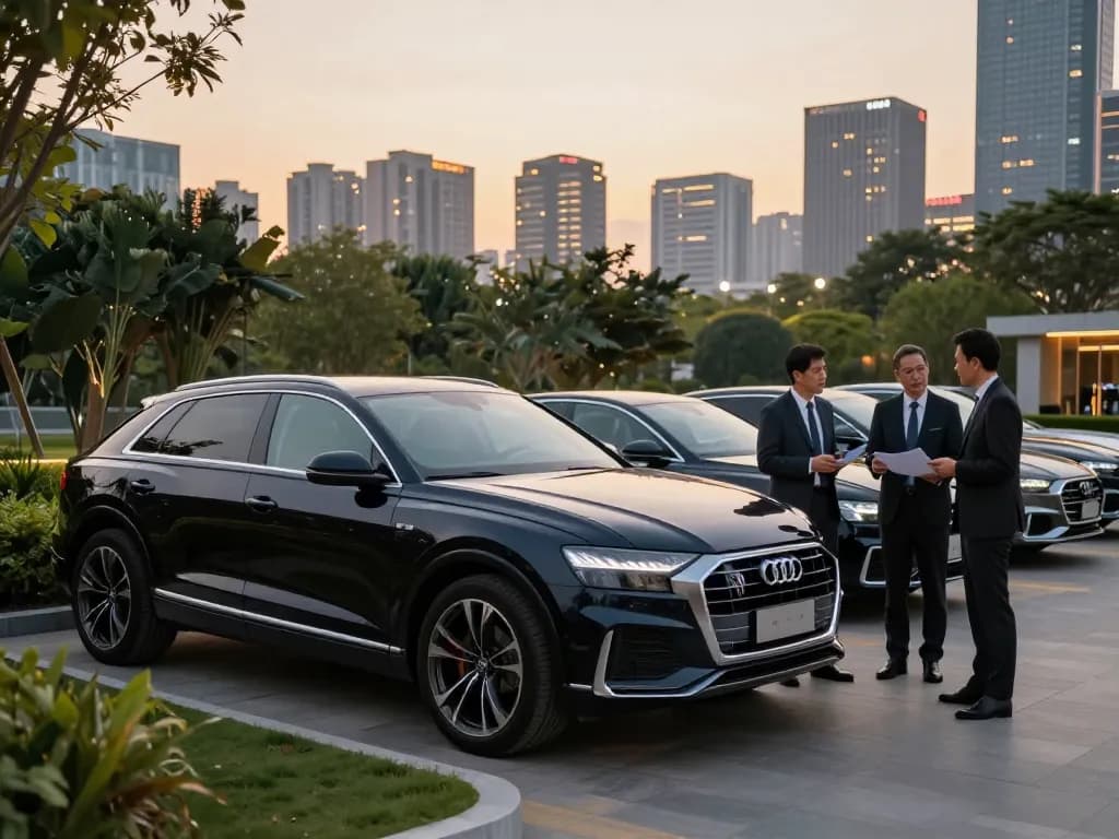 Cảnh cho thuê xe ô tô hạng sang với Audi Q8 thể hiện cho thuê xe ô tô hạng sang trong một môi trường đô thị thanh lịch.