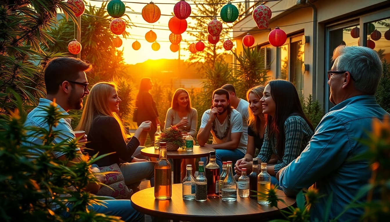 Friends enjoying cannabis at Clubs Cannabis Lloret De Mar in a vibrant outdoor setting.