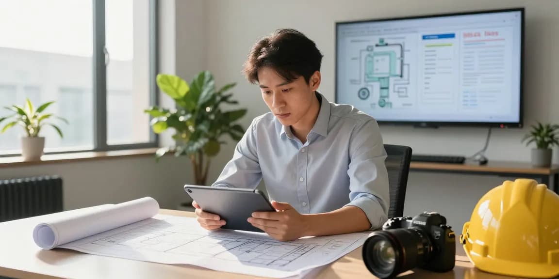 Engineer providing permit engineering services in Missouri with blueprints and a tablet in a modern office setting.