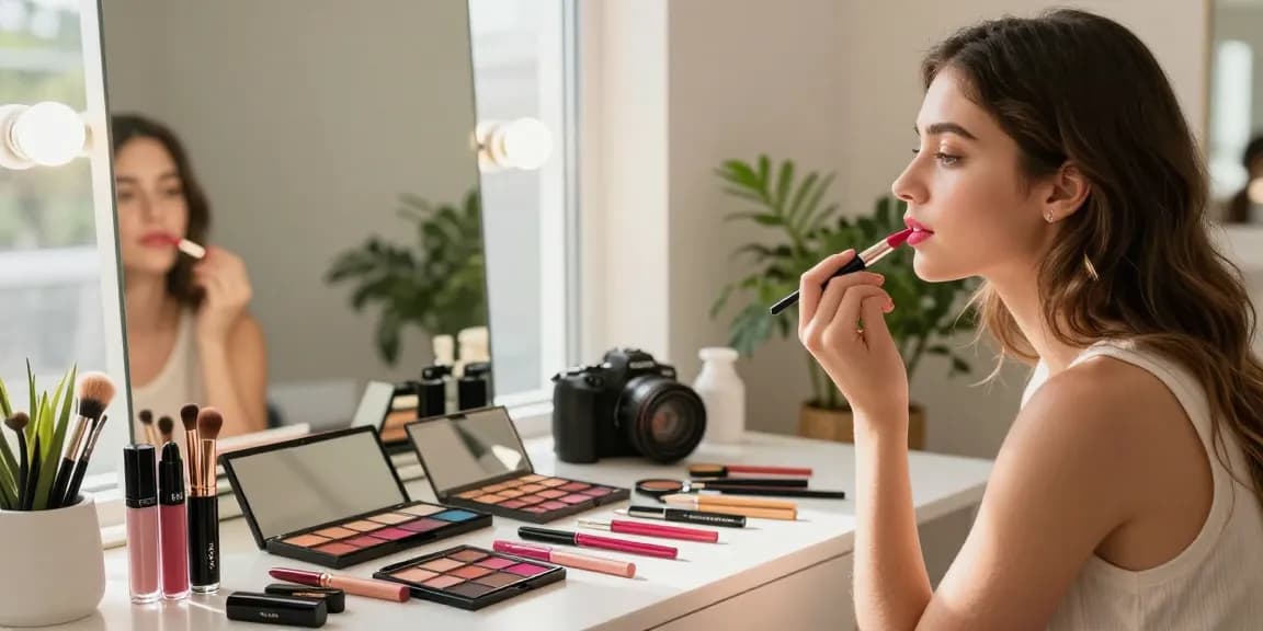 Using a lip blending brush for a flawless lip application in a bright beauty studio.