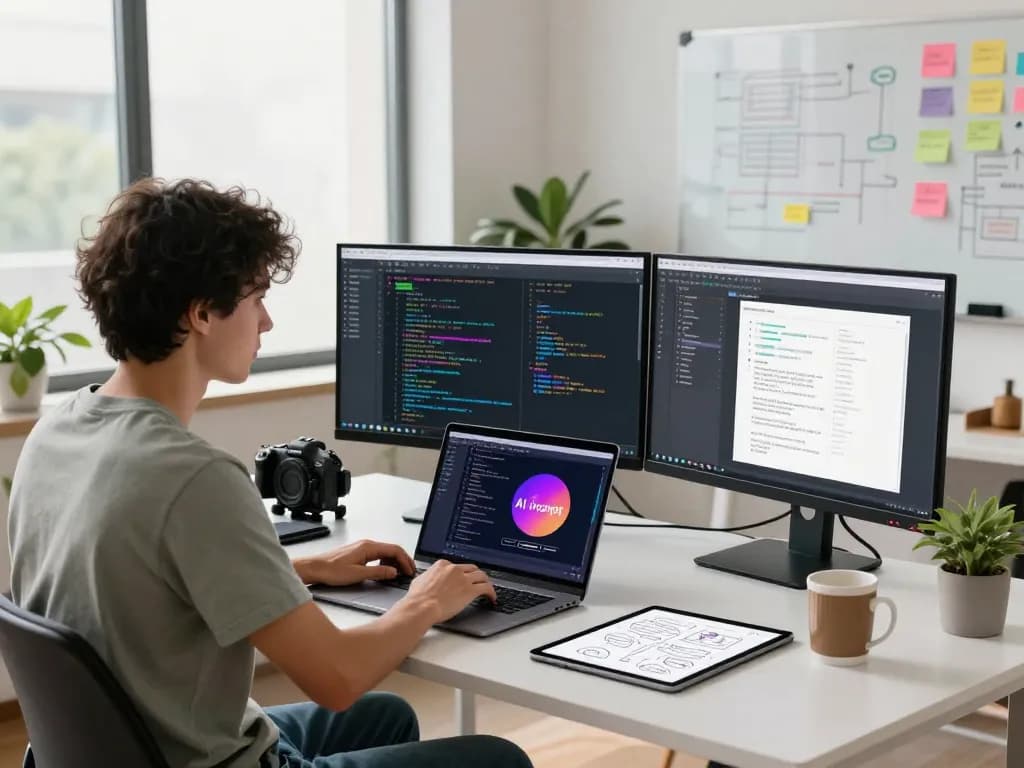 Developer using image to prompt ai software in a bright office workspace with coding screens and modern decor.