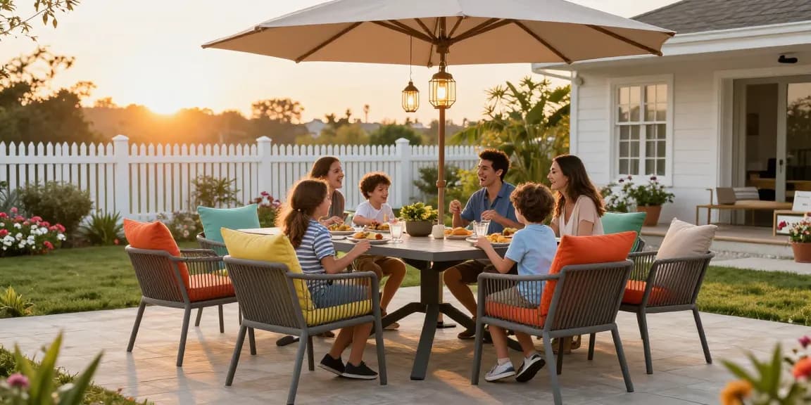 Family dining on stylish patio furniture sets, umbrella for shade, vibrant garden backdrop.
