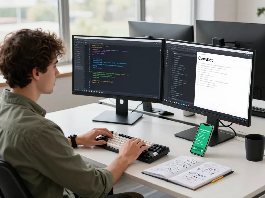 Clawdbot integration in a modern tech workspace with a developer coding and collaborating.