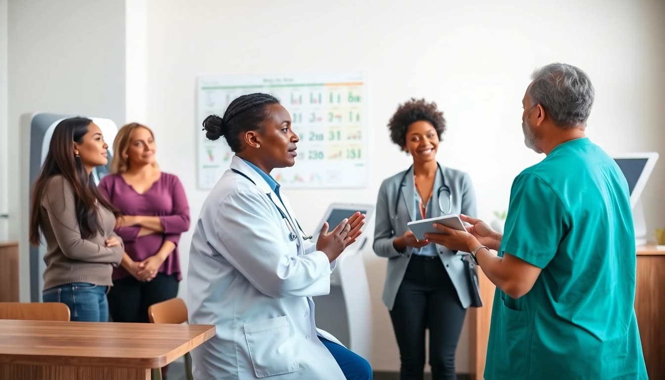 Private health assessment Sydney in a welcoming healthcare setting with diverse individuals consulting.