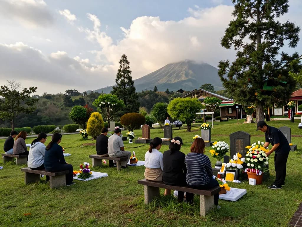 Kumpul emosional di taman memorial Gunung Sempu Hills untuk jual lahan makam jogja dengan keluarga yang dikelilingi oleh alam.