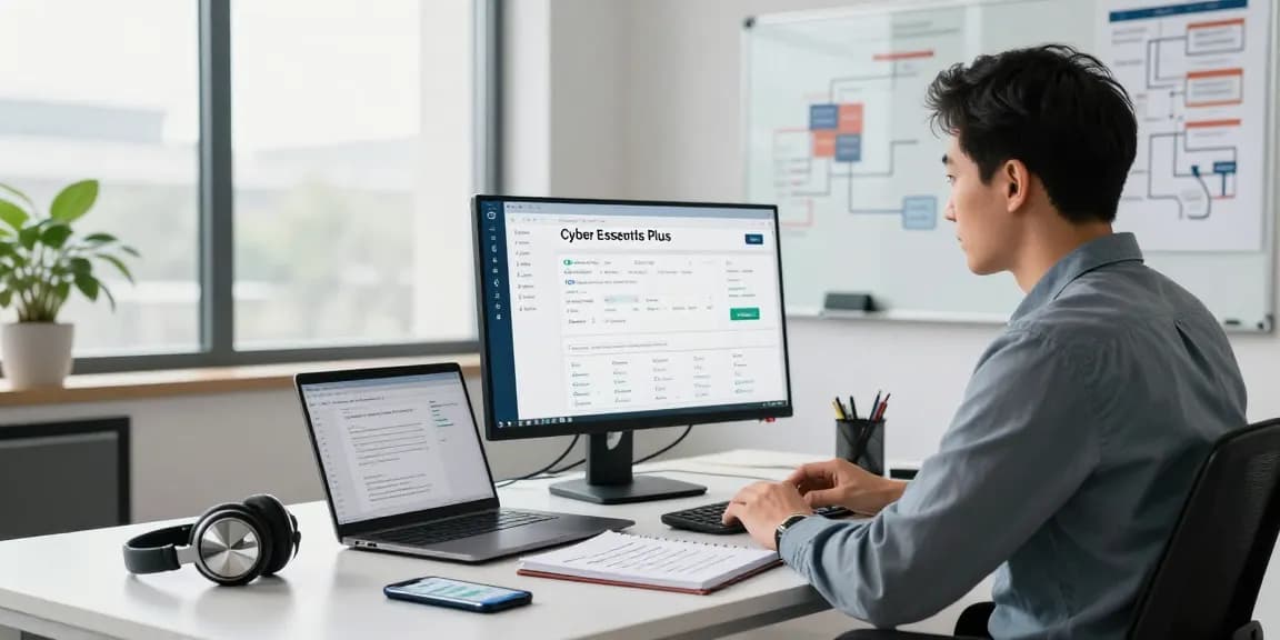 Cyber Essentials Plus cost analysis in a modern tech workspace illustrating compliance dashboard and documentation.