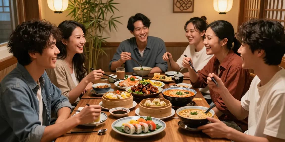 Diverse friends enjoying Asian cuisine and culture at https://hanadultalk.com
