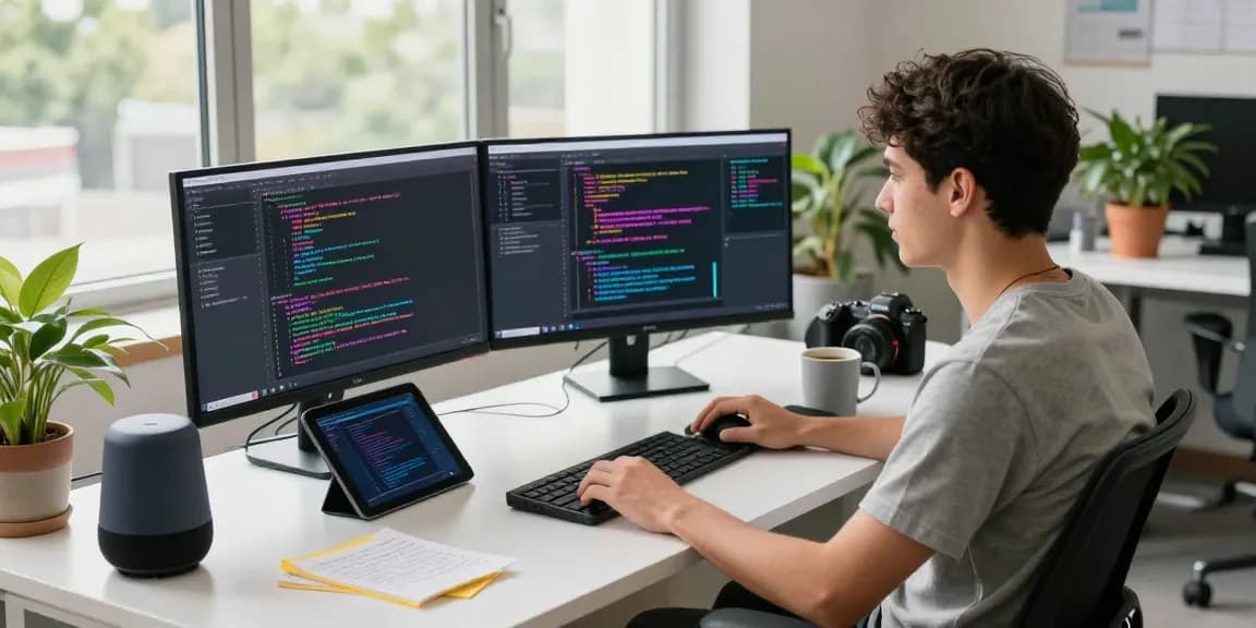 Developer working on innovative app designs using 纸飞机中文版 in a modern tech workspace.