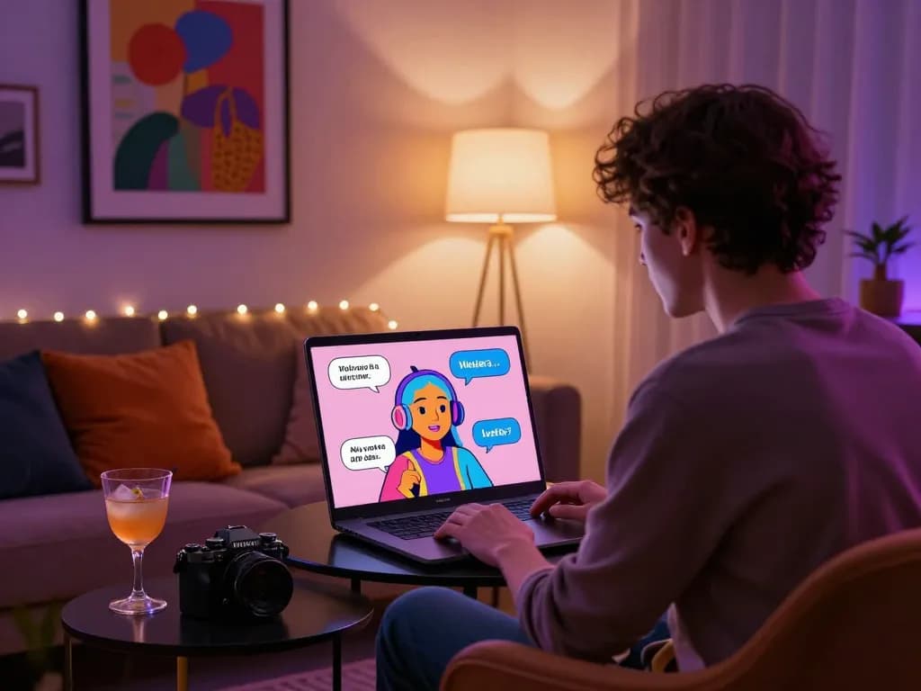 Engaging AI chat porn interaction in a cozy urban apartment setting.