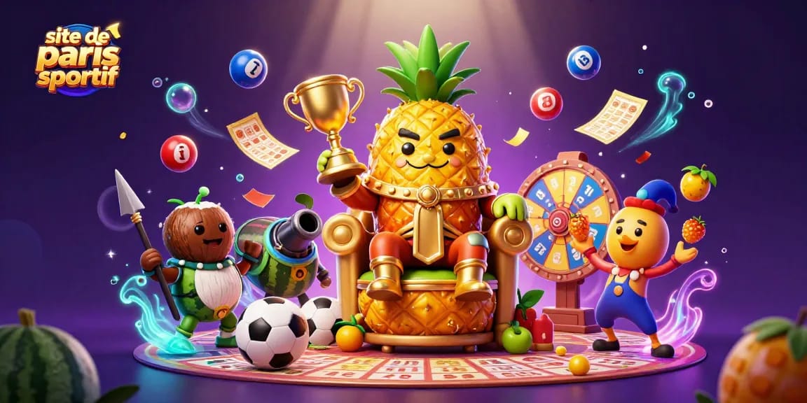 Animations dynamiques de paris sur un site de paris sportif avec un roi ananas doré et des éléments de jeu colorés.