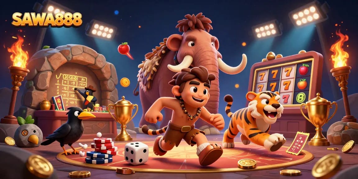 Experience the vibrant SAWA888 casino atmosphere with lively characters and game elements.