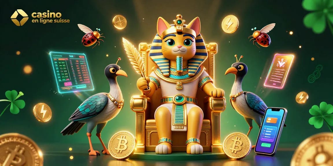 Plongez dans l'univers du casino en ligne suisse avec une illustration captivante d'un chat pharaon égyptien sur un trône, entouré d'éléments de cryptomonnaie.
