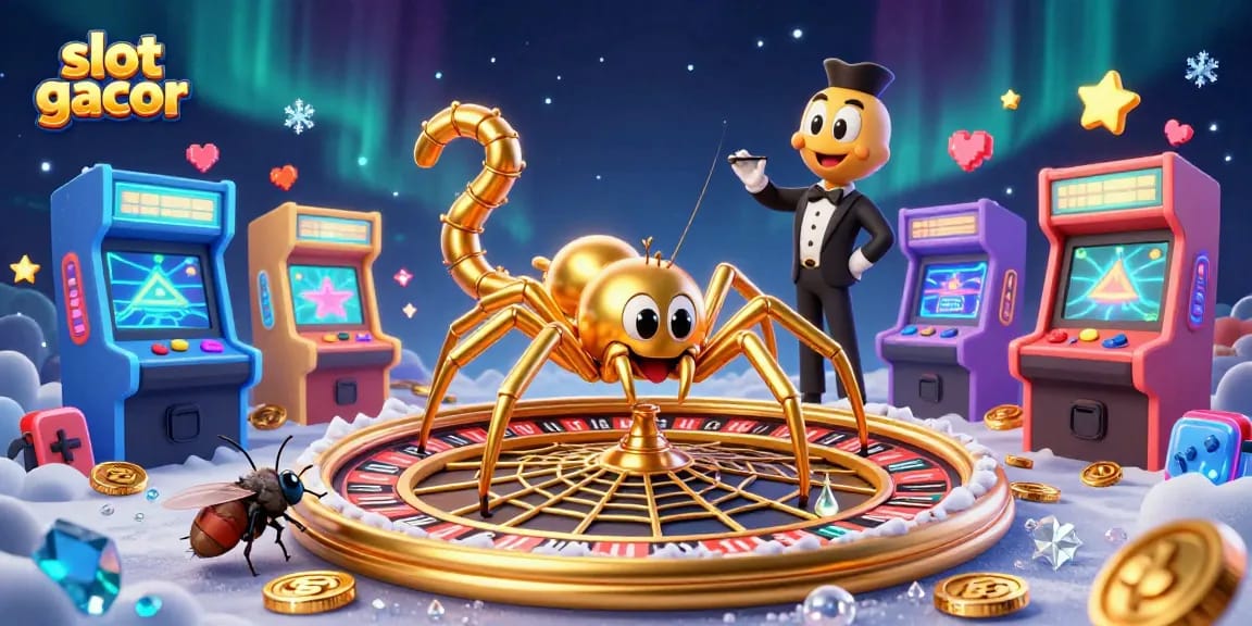 Menangkan slot gacor dengan visual menarik menunjukkan laba-laba bermeja judi dan centipede yang berperan sebagai bandar dalam suasana kasino yang menakjubkan.