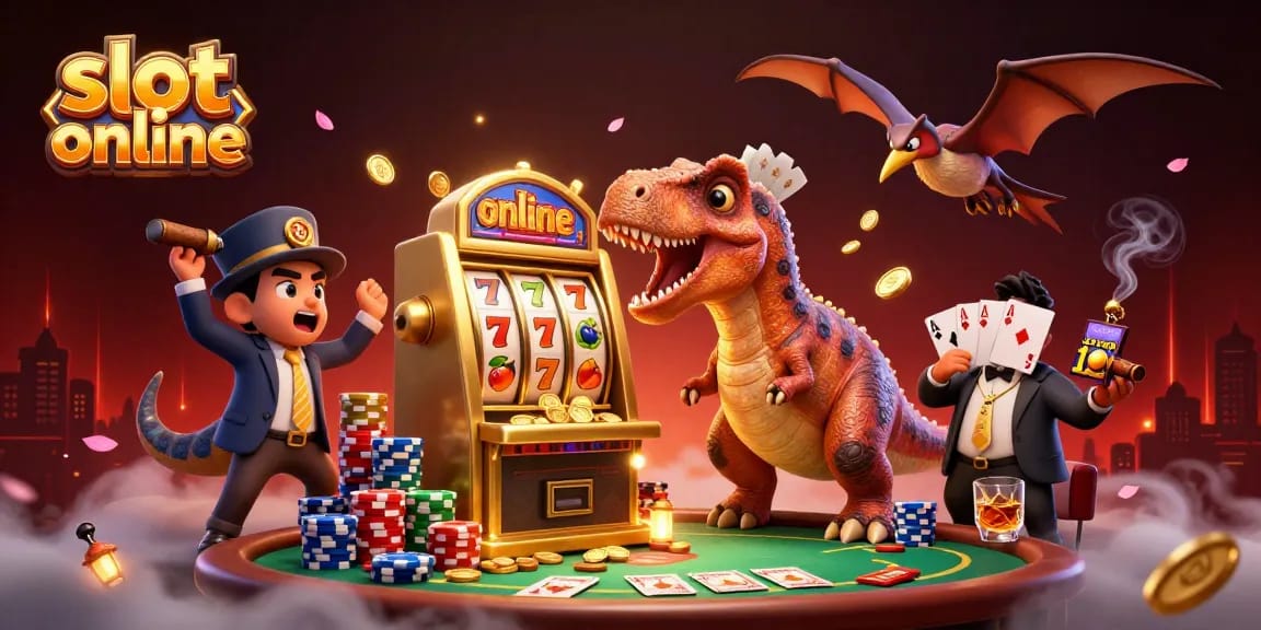 Slot online illustration with dinosaurs winning jackpot coins from a golden slot machine.