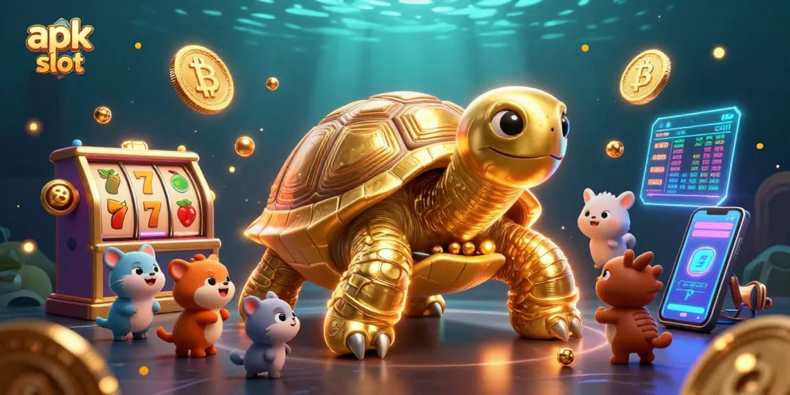 Permainan apk slot dengan simbol keberuntungan, mesin pinball, dan koin 3D bersinar.