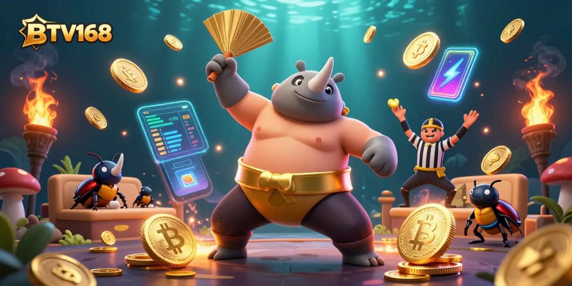 BTV168 Sumo Champion Beetle Stomping Coins in a Vibrant Crypto Casino Scene