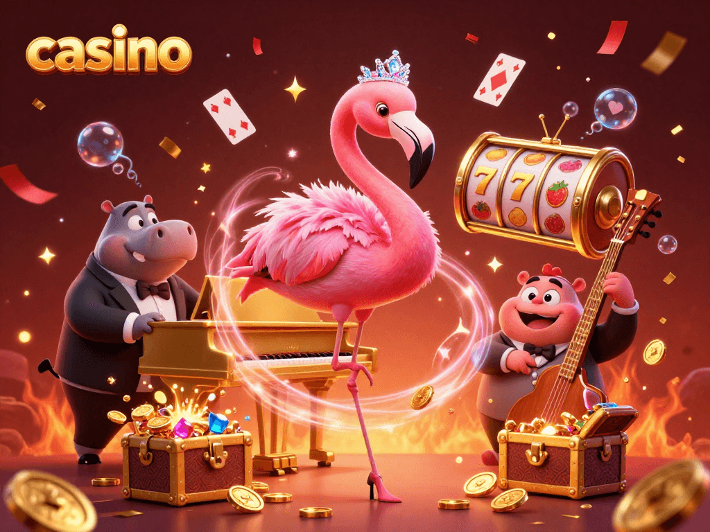 Vibrant casino scene featuring flamingo singer and hippo bassist amid rich game elements.