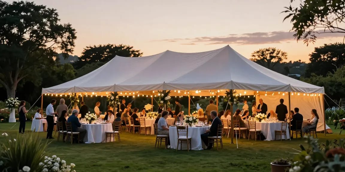 Beautiful outdoor event setup at www.marqueehire.london with elegant marquee, floral decorations, and joyful guests.