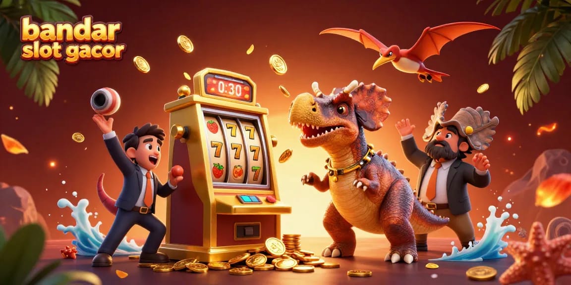 Bandar slot gacor menunjukkan kemenangan besar dengan dinosaurus dan mesin slot emas yang memancarkan koin.