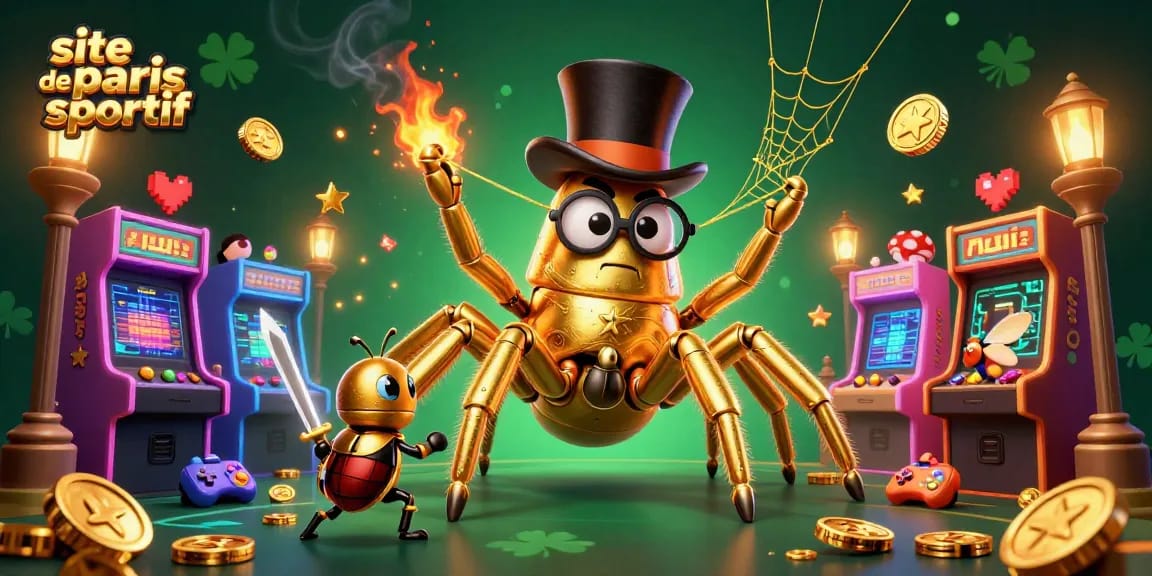 Visualisez le site de paris sportif où une araignée dorée tisse un réseau entre des éléments ludiques de casino.
