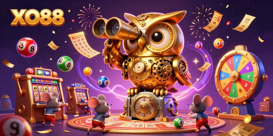 Experience the excitement of XO88 with a vibrant casino scene featuring dynamic characters and colorful game elements.