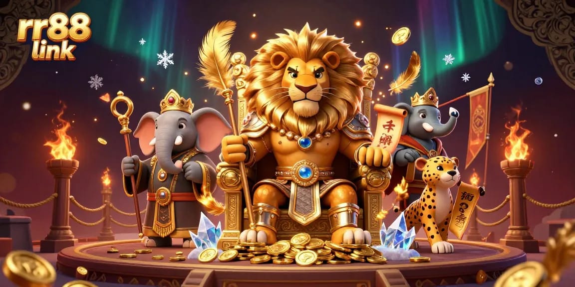 Engage in thrilling gambling at rr88 link with a fierce lion king and trusty companions in a vibrant casino atmosphere.