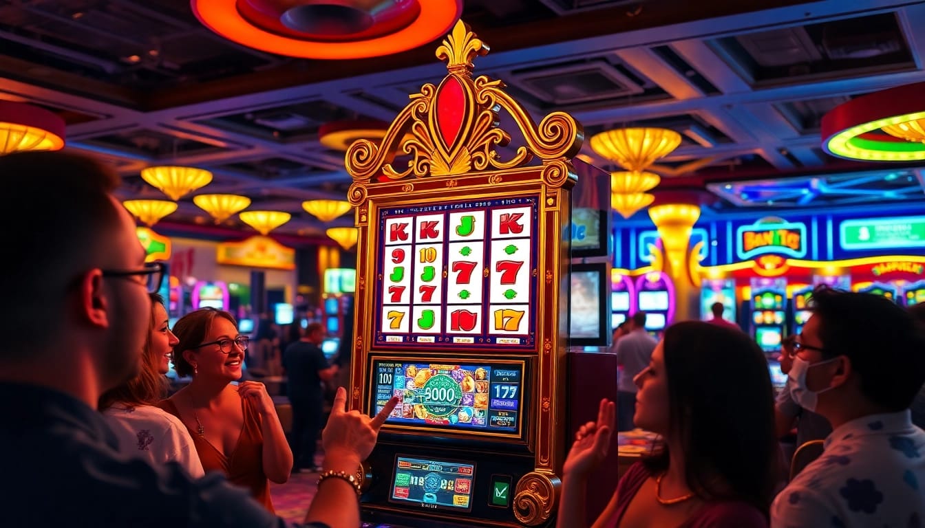 Menggambar link tikislot pada mesin slot yang bersinar dan ramai di kasino.