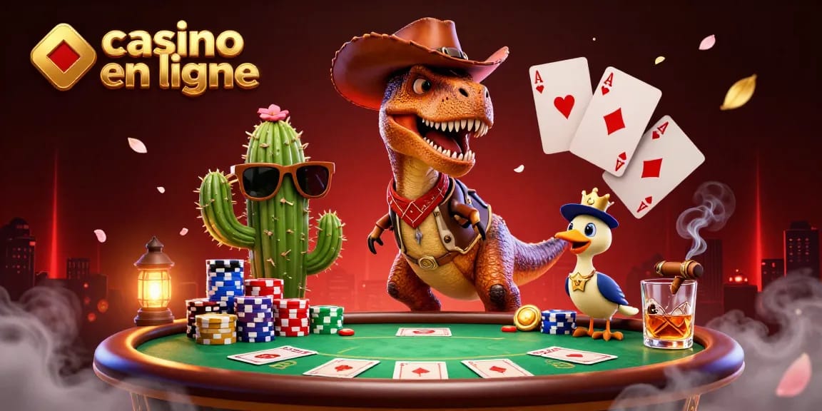 Jouez au casino en ligne avec le T-Rex, le cactus et le roadrunner autour d'une table de poker.
