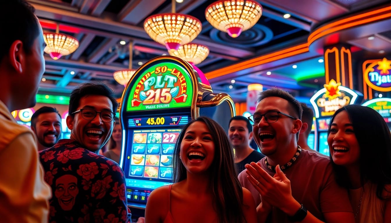 Main players enjoying the excitement of link tikislot in a lively casino setting.