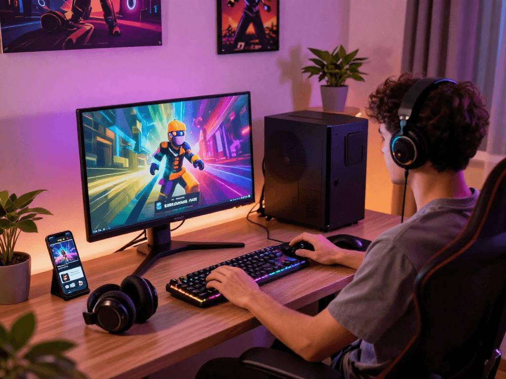 Dynamic adult gaming scene featuring engaging porngames on a modern monitor, cozy atmosphere with gaming accessories.