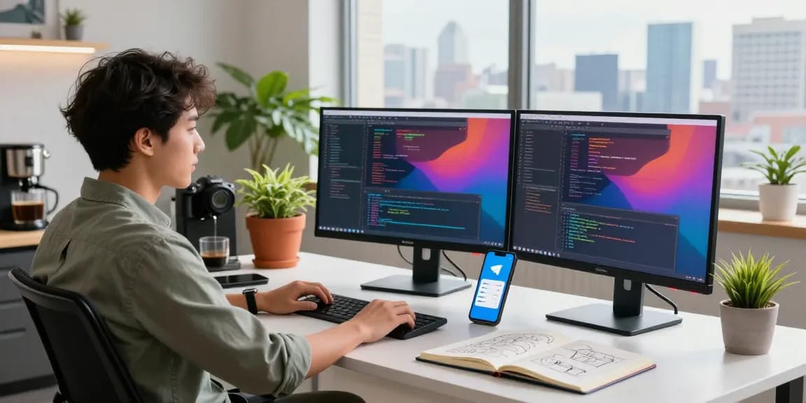 Developer coding at telegraimin.com workspace with monitors and city view.