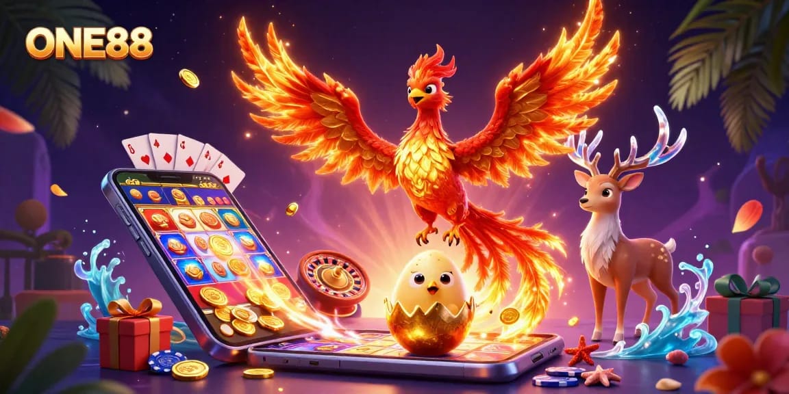 Experience the excitement of ONE88 with a vibrant 3D casino scene featuring phoenixes, game elements, and casino atmosphere.