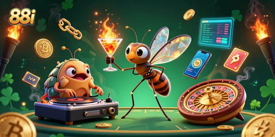 Engage in thrilling casino adventures with 88i featuring a vibrant scene of animated characters and crypto elements.