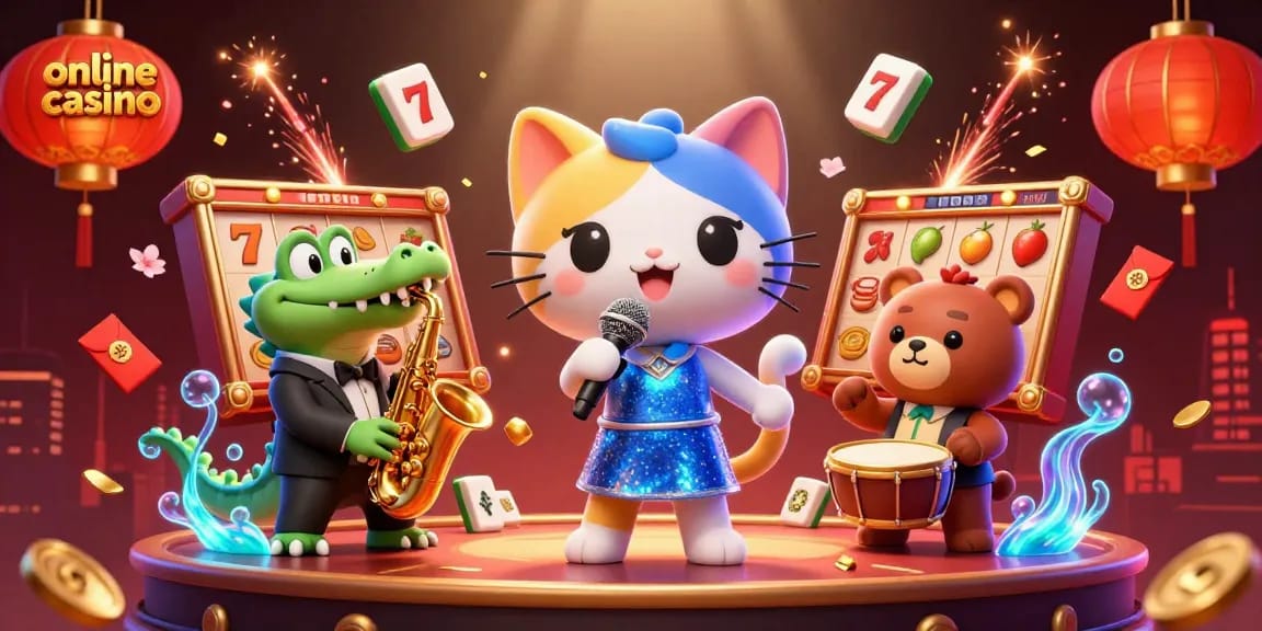 Join the fun at an online casino with a jazzy cat, croc, and bear in a vibrant 3D scene.