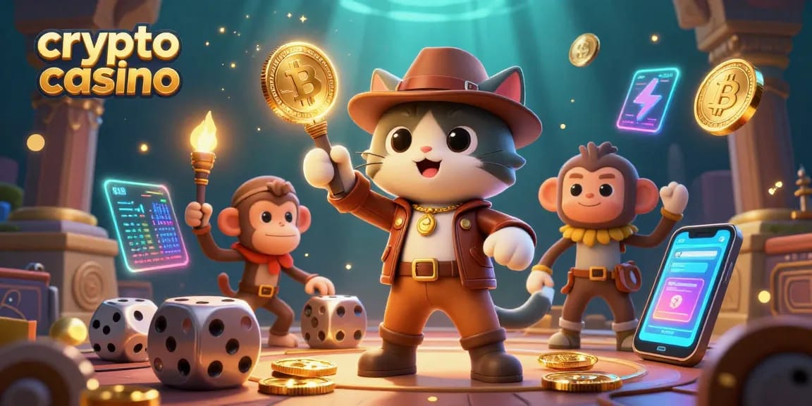 Profitez d'une expérience excitante de crypto casino avec un explorateur et un singe dans un temple.
