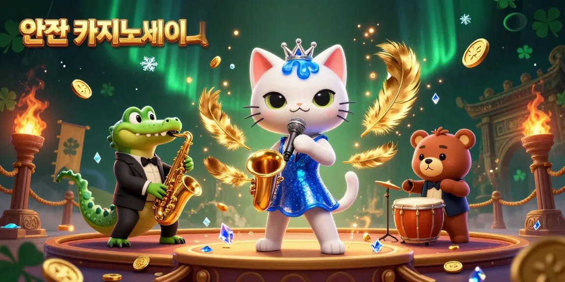 안전 카지노사이트에서 다채로운 게임을 즐기는 고양이, 악어, 곰을 그린 역동적인 일러스트