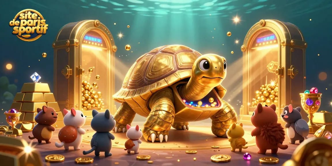 Découvrez le site de paris sportif avec une tortue dorée et des trésors scintillants.