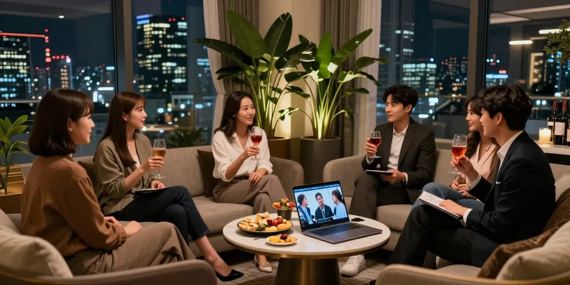 강남쩜오에서 편안한 분위기를 느끼며 친구들과 대화하는 모습