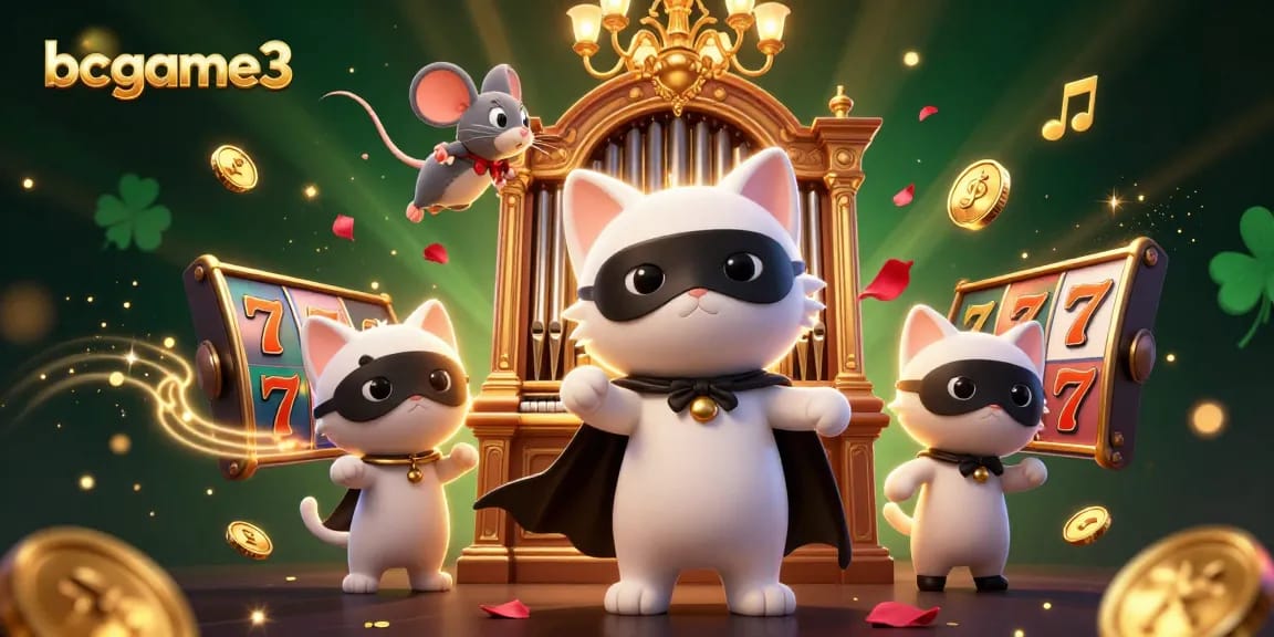 bcgame3 hadir dalam ilustrasi slot menarik dengan kucing phantom dan akrobat.