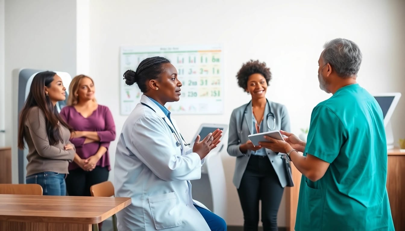 Private health assessment Sydney in a welcoming healthcare setting with diverse individuals consulting.