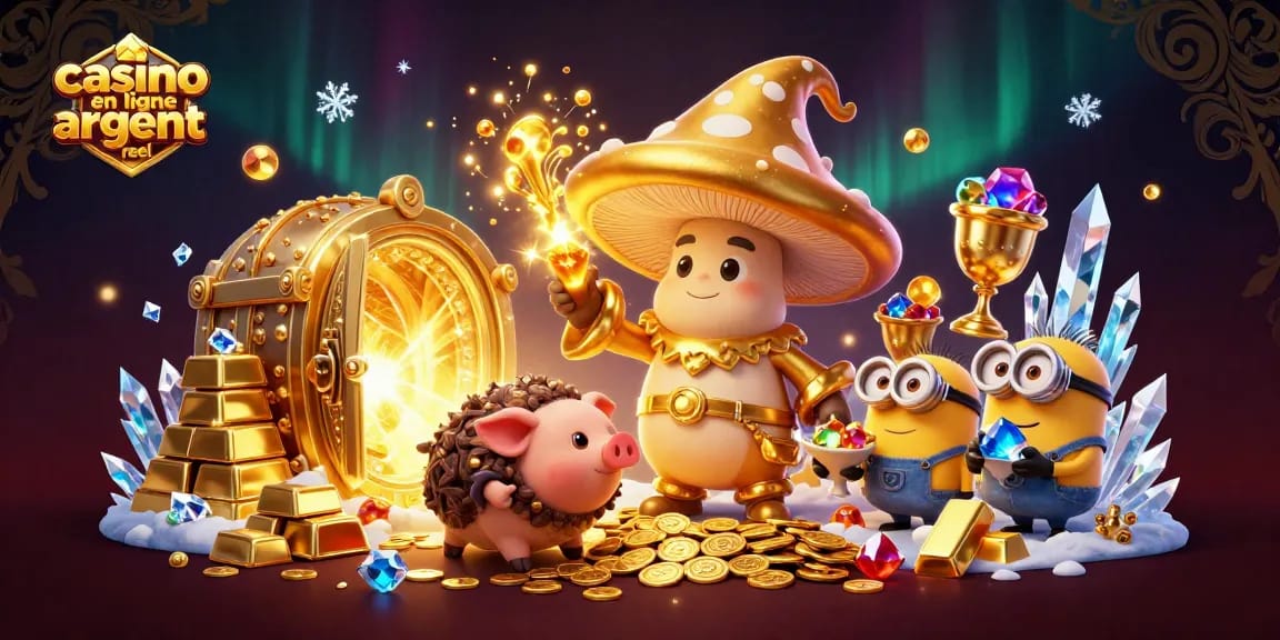 Profitez de l'expérience magique d'un casino en ligne argent réel avec des personnages en 3D entourés de trésors scintillants.