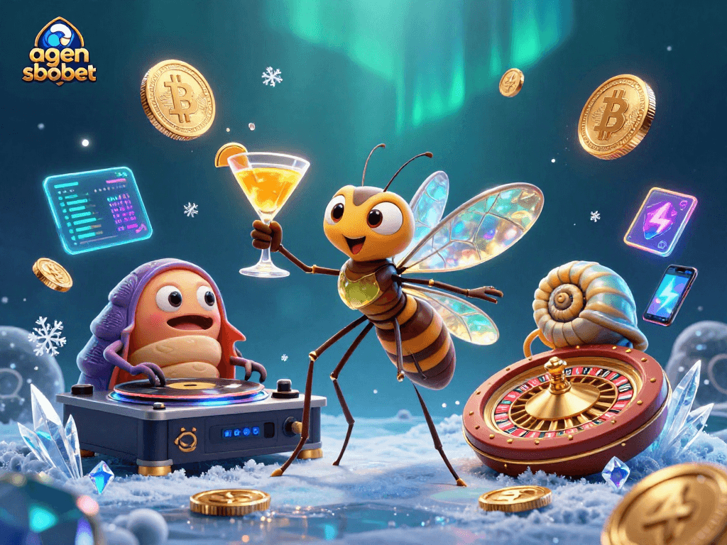 Spin to win at agen sbobet, featuring casino mascot and vibrant digital elements.