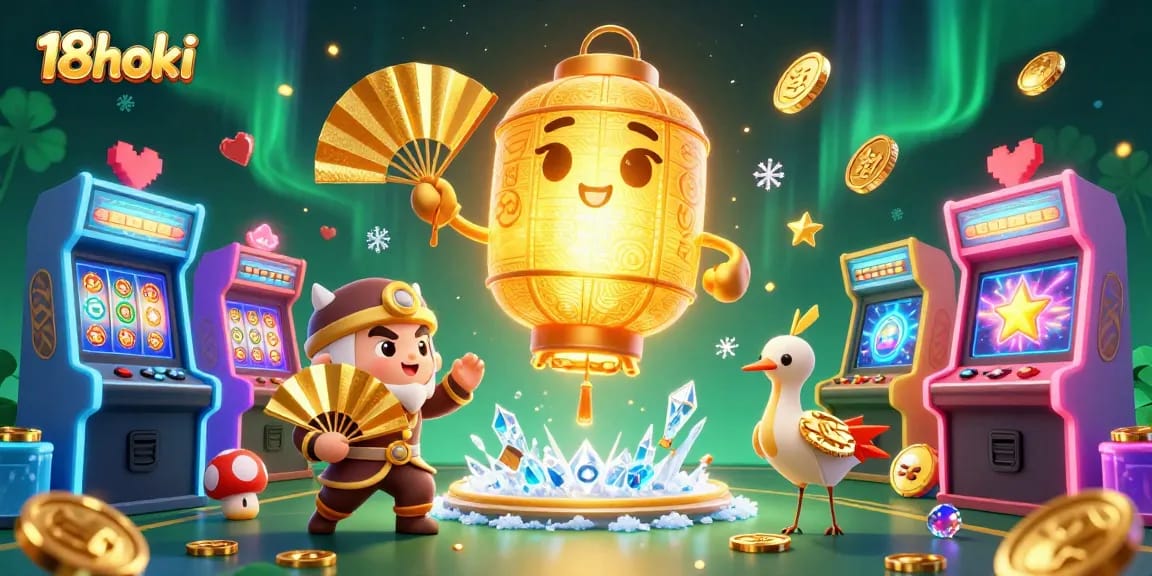 Experience the thrill at 18hoki, where a golden lantern spirit and warriors celebrate casino gaming action.