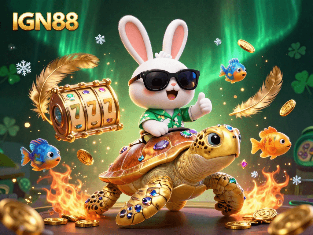 Spin to win with IGN88 as a lucky rabbit rides a golden turtle amidst vibrant casino elements.