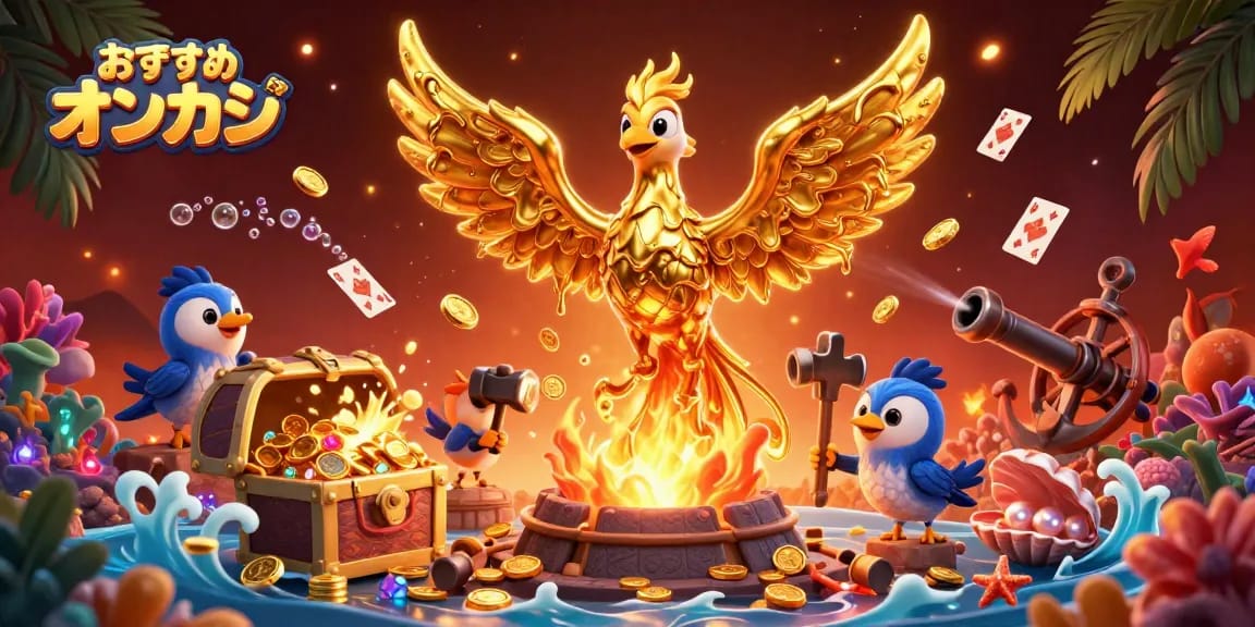 おすすめ オンカジで楽しむ、金色の不死鳥と海底の宝物を描いたダイナミックなイラスト