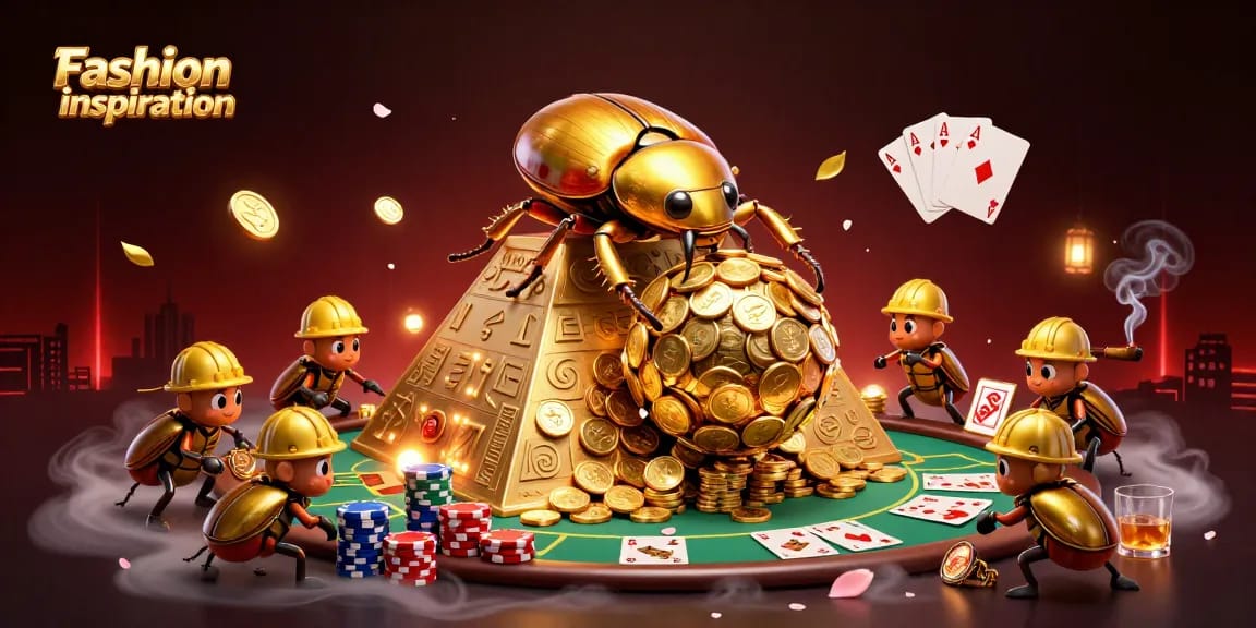 Experience Fashion inspiration with a dynamic 3D illustration of a golden beetle in a casino scene.