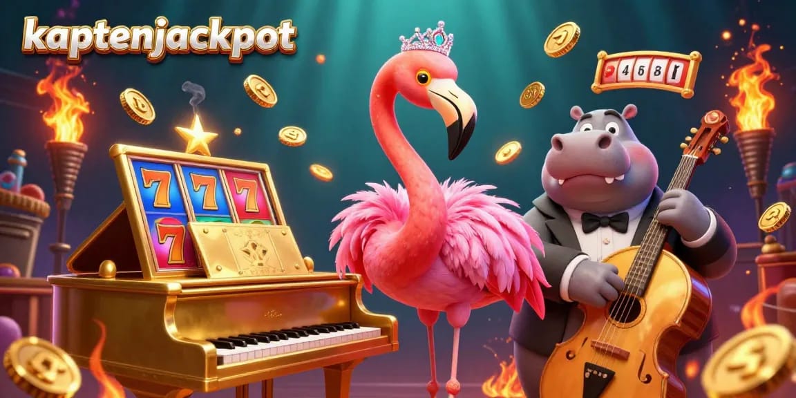 Engage with kaptenjackpot while exploring a vibrant scene of casino excitement featuring a flamingo singer and hippo bassist.