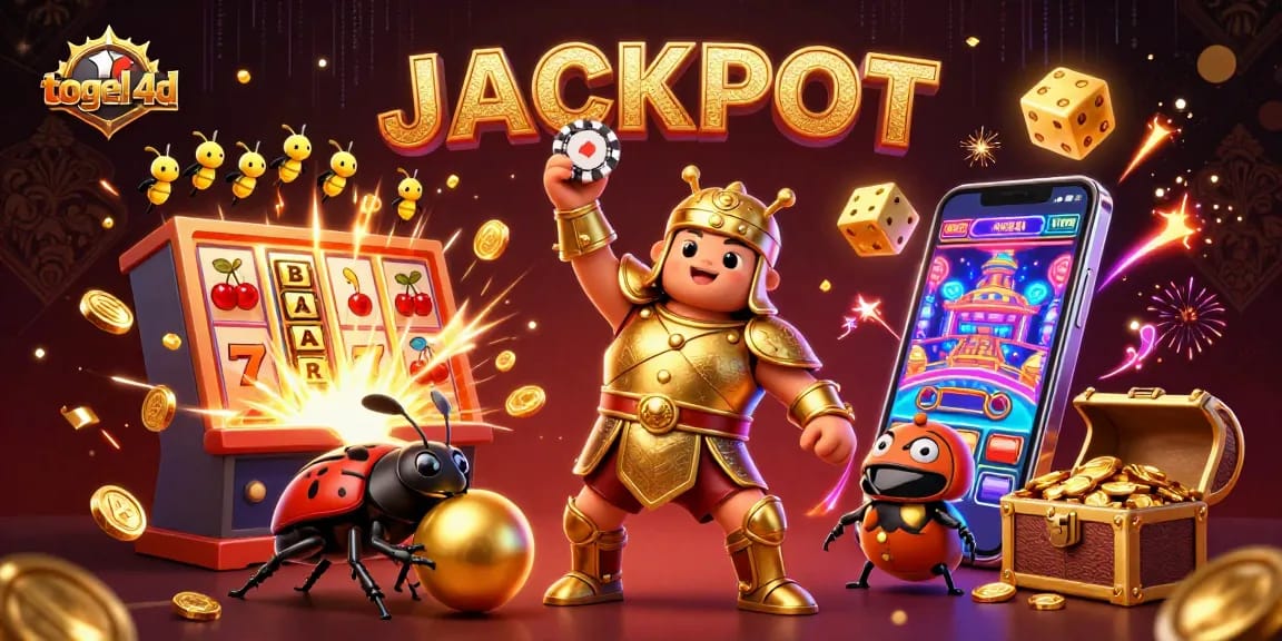 Permainan togel 4d yang menonjol dengan ilustrasi kartun pemenang dan mesin slot penuh keajaiban.