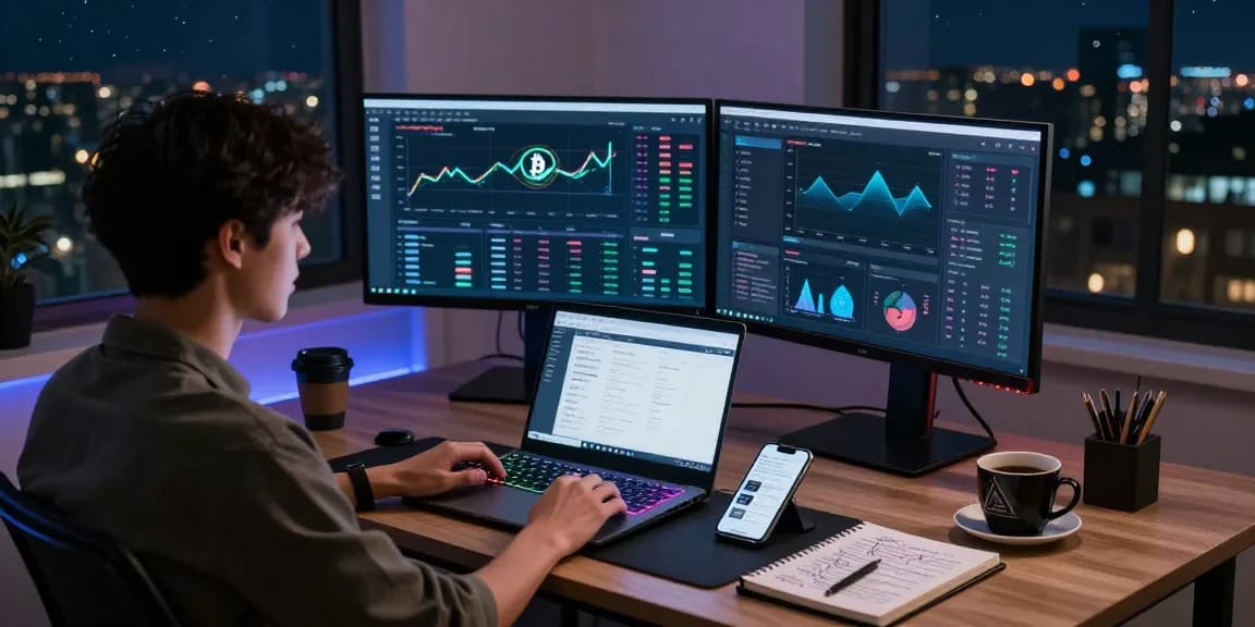 cloud mining crypto trading setup with Bitcoin charts and DeFi interface in a modern home office